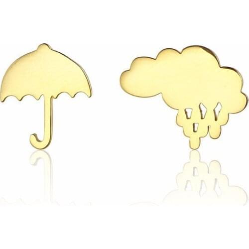 RIR Stainless Steel Golden Umbrella Raining Clouds Shape Stud Earrings Unique Sky Cloud Charm Ladies Jewellery Earrings