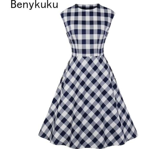 Blue Plaid 50s Pinup Rockabilly Dress Sleeveless Robe Women Clothes Button Gingham Cotton Vintage A-Line Summer Dresses 2021