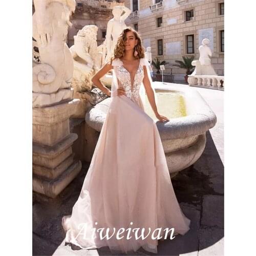 A-Line Wedding Dresses V Neck Sweep / Brush Train Tulle Sleeveless Country with Appliques 2021