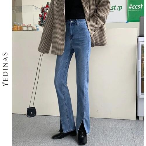Yedinas Women Denim Pants High Waist Straight Jeans For Women Blue Split Jeans Vintage Female Long Denim Capri Pant Korean 2021