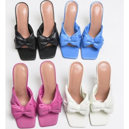 New WomenSlides Outside Slippers Summers 11cm High Heels Bow Sandals Lady Hot Sales Blue Mules Plus Size Luxury Design Shoes