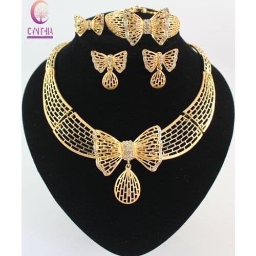 Women Costume Jewelry Necklace Sets Fashion Gold color Butterfly Dubai Rhinestone Wedding Bridal nigerian Jewelry Set