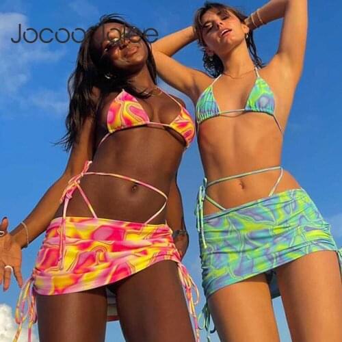 Jocoo Jolee Women Sexy Tie Dye Print Swimsuit Summer Bikini Set 2 Pieces Elegant Lace Up Bikini Push up Bathing Suits Beachwear