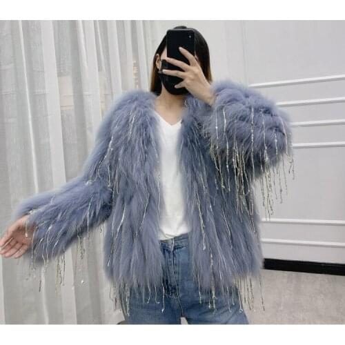 Ladies fashion Natural genuine real Raccoon Fur Coat womens Luxurious jacket Sequin tassel outwear