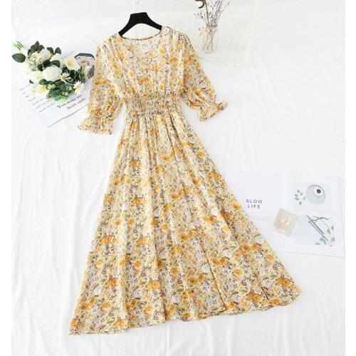 2021 New Summer V-neck Women Short sleeve Dress Elegant Floral Female Printed Chiffon Midi Dress Vintage High Waist Vestidos