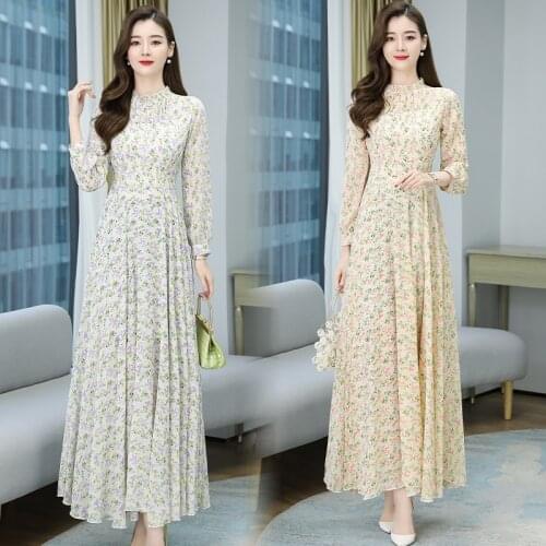 2021 Spring Summer New Woman Dresses Temperament High Waist Slim Chiffon Large Size White Round Neck Long Sleeves Dress Flower