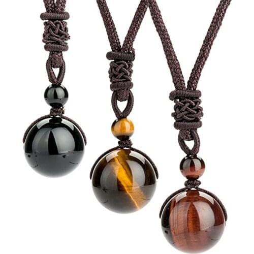 16MM High Quality Pure Natural Tigers Eye Stone Obsidian Lucky Blessing Beads Pendant Adjustable Healing Necklace