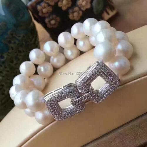 2rows white freshwater pearl near round 8-10mm necklace bracelet 19inch 8inch wholesale beads
