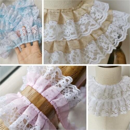 2Yards Embroidery Lace Trim Flowe Khaki Tulle Fabric Ribbon DIY Sewing Ruffle Applique Collar Two Layers Dress Guipure Decor