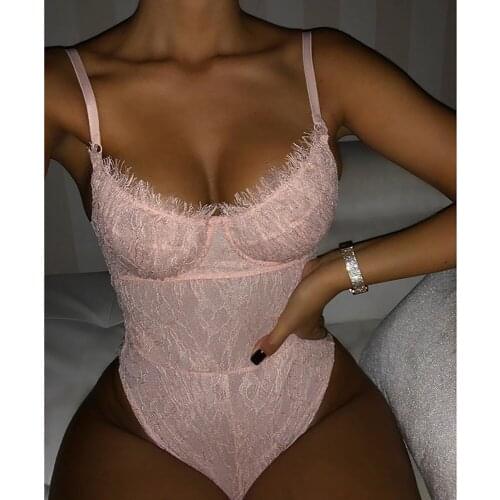 BKLD Sexy Bodysuit Women 2019 Summer Clubwear New Hollow Out Backless Lace Rompers Jumpsuits Pink See Through Women Bodysuits