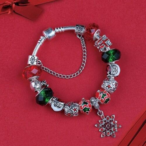 Hot Selling Red Crystal Christmas Snowflake Tree Santa Bead Bracelet & Bangle Xmas Gift Box Bead Bracelet Jewelry