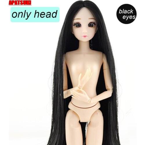 Childrens Gift Doll Head For 1/6 BJD Heads With Black Straight Wig Hair Black Eyes DollHouse DIY Toys 11.5" Dolls Accessories