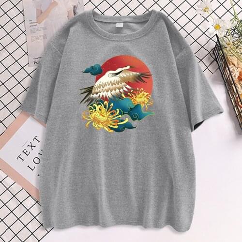 Chrysanthemum Chinese Crane Print Tshirt Women Summer Big Size T-Shirt Street Fashion Loose Tops Cartoon O-Neck WomenS T Shirts