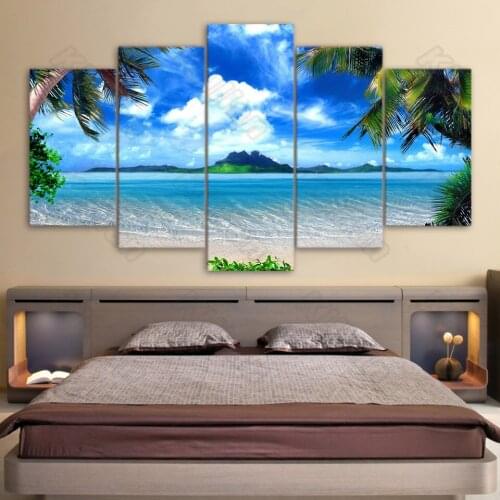 Landscape Style Mural Canvas Paintings Bed Home Decor Prints 5 Pieces Island and Beach Decoration Living Room Wall Fresco