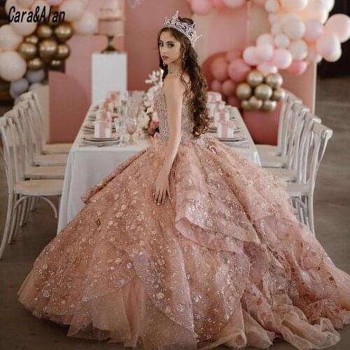 Formal Rose Champagne Quinceanera Dresses Lace Applique Sequin Vestidos De 15 Anos Sweet 16 Ball Gown Prom Dress Lace-up Back