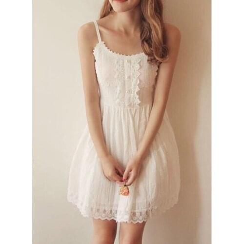 Cute lace round spaghetti strap cotton summer dress white o-neck mini dresses 2021 new arrival fashion a line beach vestidos