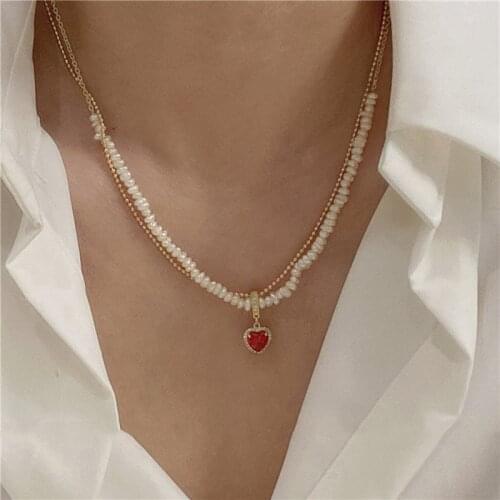 Origin Summer Exquisite Double-Layer Red Love Heart Pendant Necklace for Women Freshwater Pearl Round Beaded Necklace Jewelry