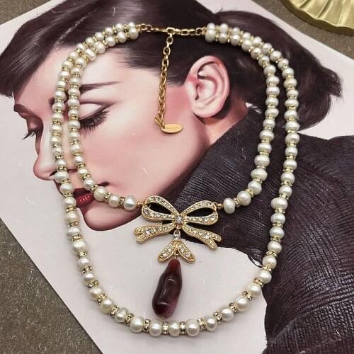 Natural Pearls Jewelry Freshwater-Pearl Necklace Luxury Bow Pendant Handmade Elegant Wedding Party Exquisite Accessories