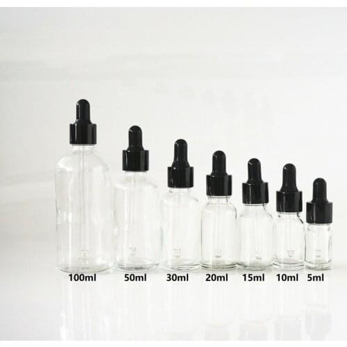 5/10/15/20/30/50/100ml Clear Refillable Essential Oil Bottle Black Rubber Head Dropper Black Cap Cosmetic Reusable Container