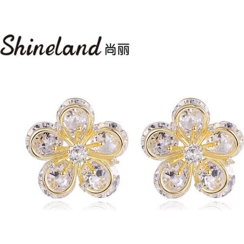 Shineland New Fashion Bijoux Flower Stud Earrings For Women Girl Daily Party Shiny Zircon Brincos Cute Jewelry Gift Wholesale