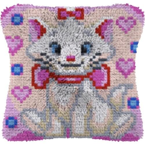 Latch Hook Cushion Cartoon Cat with Heart Pillow Case Canvas Acrylic Yarn Latched Hook Pillow Kits Crochet Cushion Cover