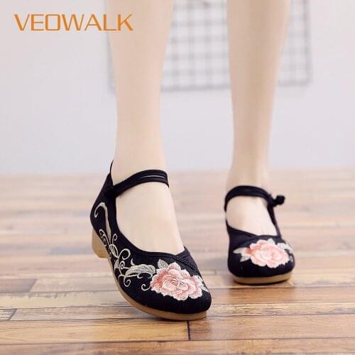 Veowalk Women Jaquard Cotton Ballet Flats Flower Embroidered Retro Ladies Comfort Ankle Strap Flat Shoes with Chinese Embroidery