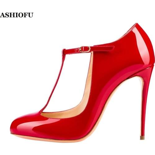 ASHIOFU New Hot Sale Handmade Ladies High Heel Pumps T-strap Patent Leather Party Dress Shoes Plus Size Evening Fashion Shoes