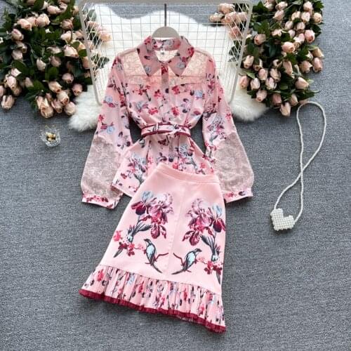 ALPHALMODA 2021 New Blossom Print Lace Patchwork Elegant Shirt + Belted High Waist Skirts Women Trendy 2pcs Suit