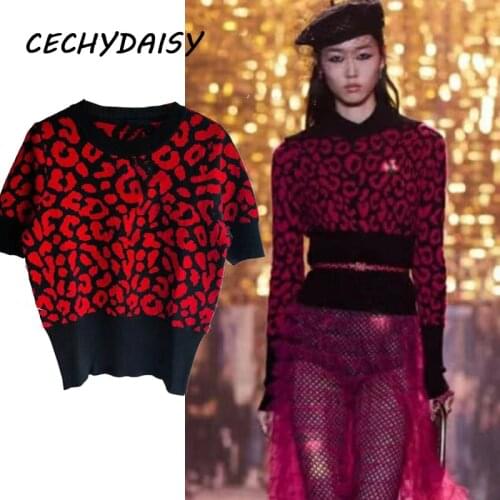 Runway Sweater Pullovers 2021 New Fashion High Street O-Neck Short Sleeve Casual Leopard Women Knitted Top Jumpers Traf Clothing