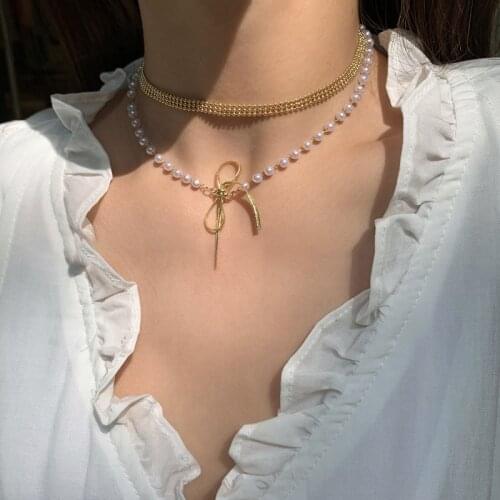 Bow-Knot Pendant Pearl Necklace For Women Multilayer Silver Gold Color Stars Geometric Heart Choker Party Jewelry 2021 New Trend