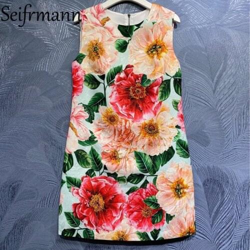 Seifrmann New 2021 Summer Women Fashion Runway Party Mini Dress Sleeveless Gorgeous Crystal Beading Floral Print Ladies Dresses