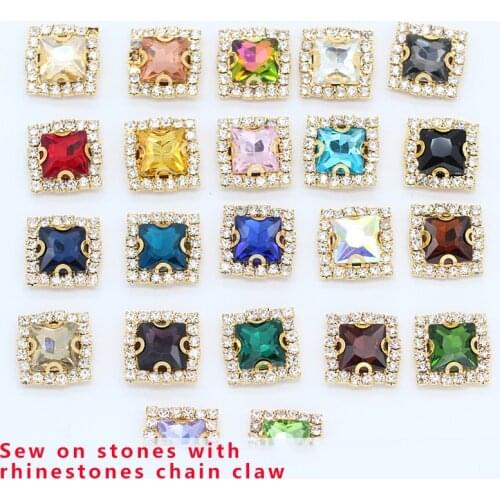 20p 12mm square sew on rhinestone trim Flatback sewing crystal glass stone 4-Hole gold plated button beads for DIY craft Clothes