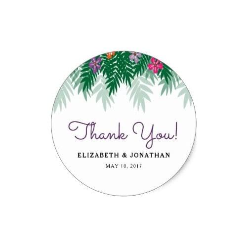 3.8cm Tropical Flowers & Palm Branch Wedding Thank You Classic Round Sticker