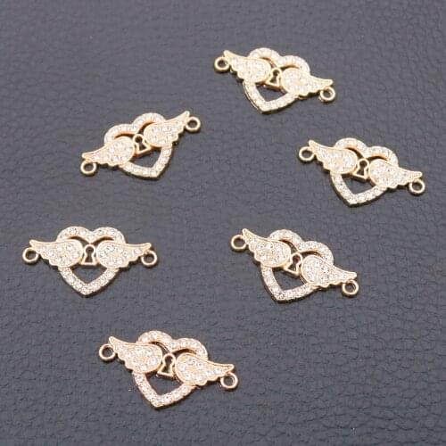 8pcs Heart-shaped Wing Pendants, Love Heart Charms, Angel Wings Charms, Rhinestone Bracelet Connectors Charms, kc Gold Tone P44