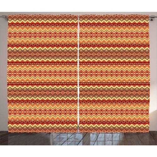Abstract Ethnic Curtains Warm Tribal Design Pattern Satin Fabric Drapes for Living Room Bedroom 2 Panel Window Set