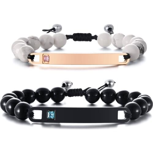 Free Engraving ID Bracelet for Couples , Beaded Chain Link , Cubic Zirconia Charm Love Women Men Gift