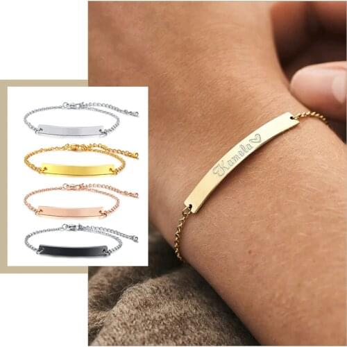 Elegant Personalized ID Bar Bracelets for Women 5mm Thin Stainless Steel Link Chain Custom Name Quotes BFF Bracelet Gift Jewelry