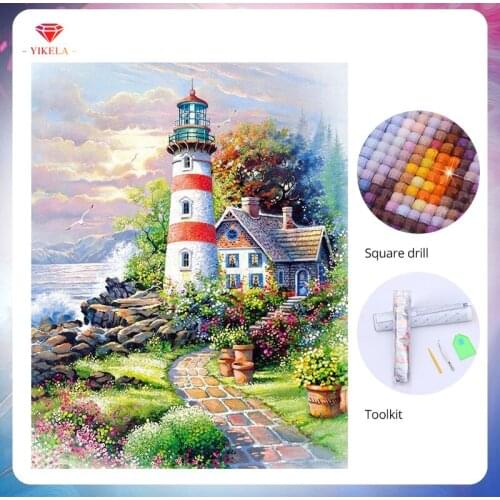 YIKELA 5D Lighthouse Scenery Diamond Painting Scenery Painting Diamond Embroidery Rhinestone Painting Home Decor Wall Sticker