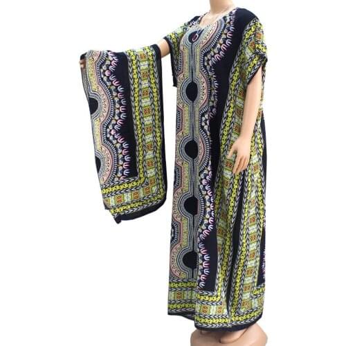 African Dresses for Women Spring 2020 New Round Neck Short Sleeve Dashiki Printing Casual Elegant Long Dress with Turban
