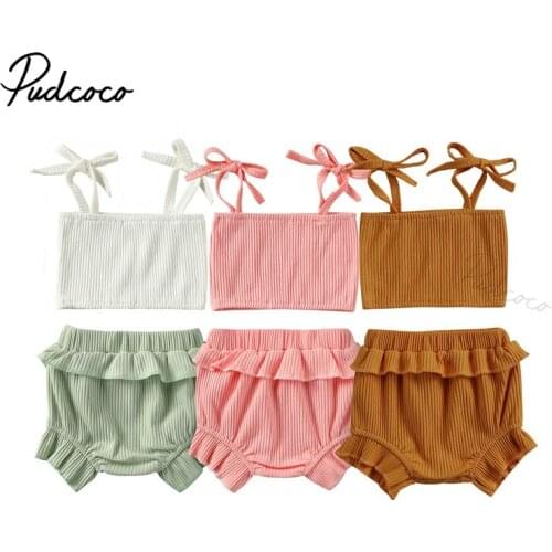 Newborn Baby Girls Sweet Ribbed Solid Clothes Sets, Sling Sleeveless Tank Tops + Ruffle Short Bottom 2Pcs Outfit