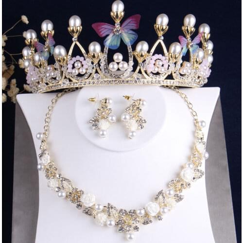 Baroque Cute Romantic Pink Blue Butterfly Crystal Bridal Jewelry Sets Necklace Earring Rhinestone Tiaras Crown Dubai Jewelry Set