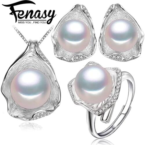 FENASY retro pearl jewelry set for women natural pearl jewelry sets 925 sterling silver necklace earrings ring party anniversary