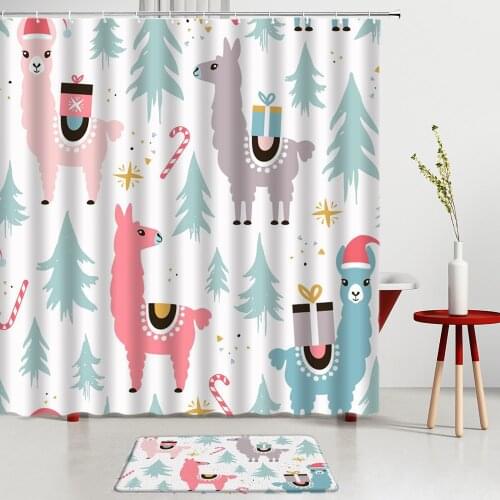 Cute Alpaca Shower Curtains Set Cartoon Animals Bath Mat Entrance Door Mats Bathroom Rug Child Room Decoration Non-Slip Carpet