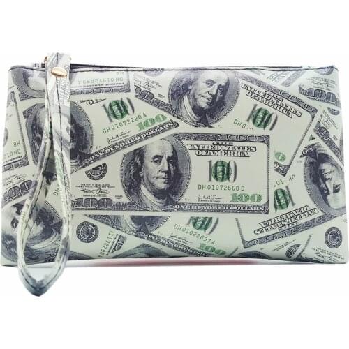 2018 New Fashion Us Dollar Bill Pattern Women Wallets PVC Leather Bag Zipper Small Clutch Coin Purse Phone Wristlet Mini Handbag