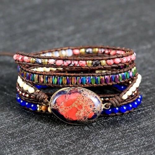2021 New arrive Unique Mixed Handmade natural stone round shape charm Leather Wrap Bracelet&Bangle lovers gift Jewelry wholesale