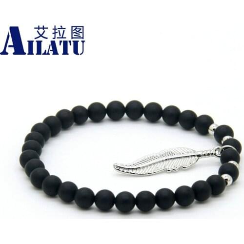 Ailatu New Design Jewelry Wholesale 6mm Matte Onyx Stone Advanced Plated Leaf Charms Beaded Bracelets
