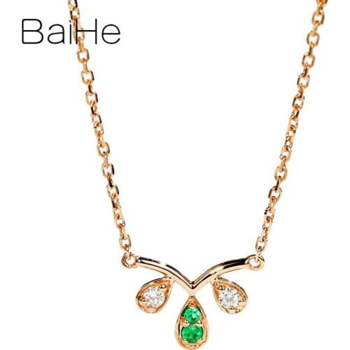 BAIHE Solid 18K Rose Gold 0.03ct Round Natural Emeralds Women Wedding Trendy Fine Jewelry elicate Emerald drop shape Necklaces