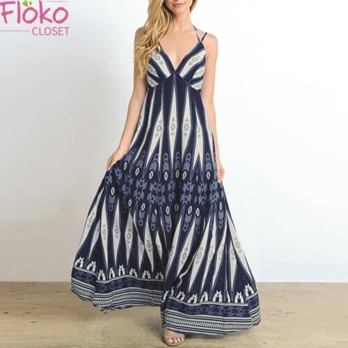 Flokocloset Sexy V-Neck Spaghetti Strap Maxi Dress Summer Retro Print Backless Long Dress for Women Party Wedding Evening