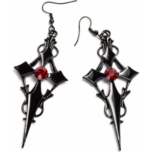 Gothic Earrings Women Punk Style Halloween Steampunk Black Cross Metal Red Rhinestone Ear Pendant