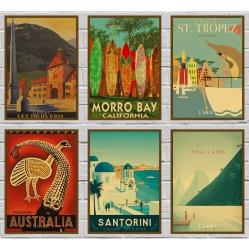 Landscape Retro Poster Vintage Kraft Paper Travel Cities Posters Pictures Bar Cafe House Wall Art Painting 42X30cm